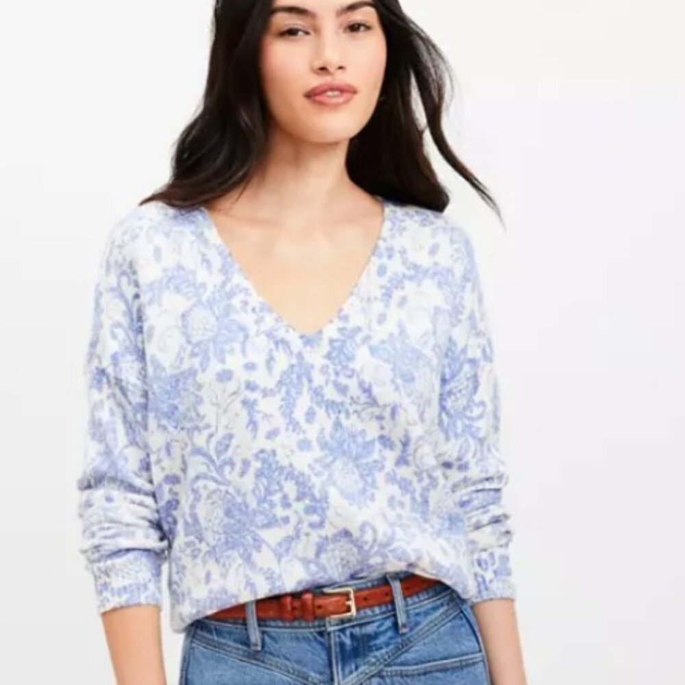 LOFT Blue and White V-Neck Floral Sweater